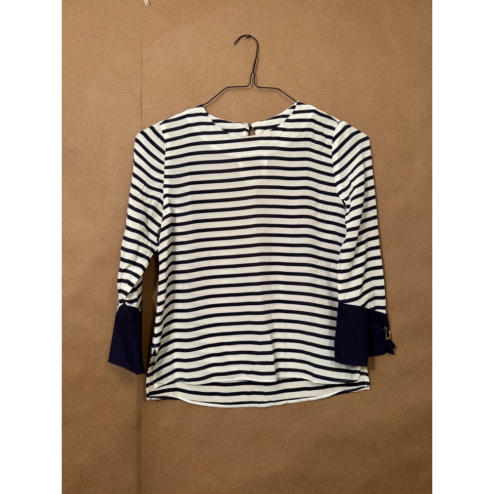 100% Silk Striped Blouse Navy White Long Sleeve Gold Hardware Cuff Top Small